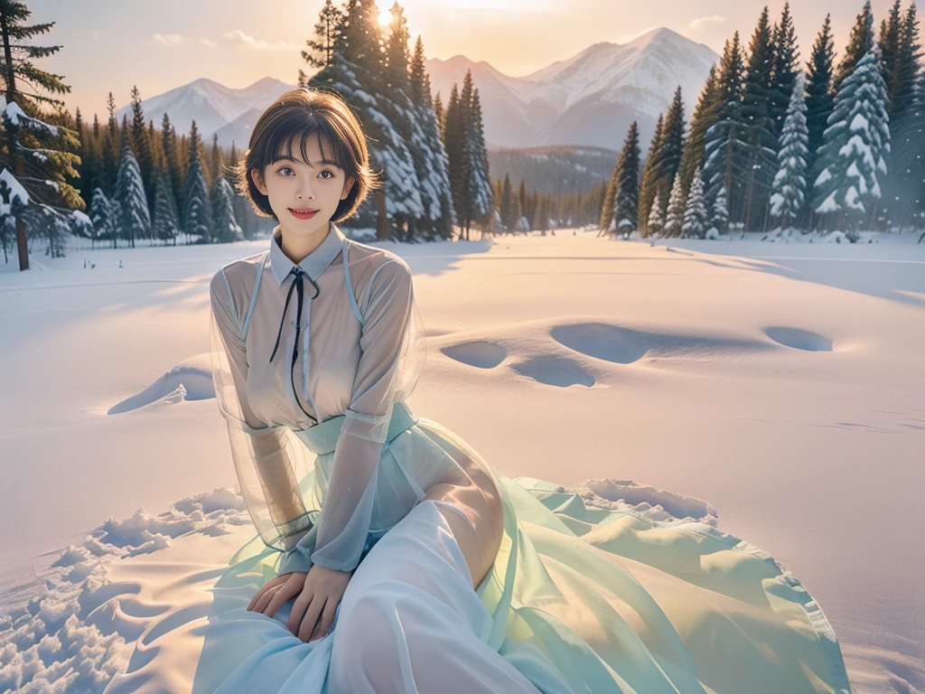 (Coniferous forest covered with heavy snow in the background，Blizzard，Without sunlight，Gray atmosphere:1.2)，Extreme Clarity，A beautiful，High Detail，8K resolution，Clear eyes，Smile，(Brown short hair)，Perfect facial features，(Wooden window frames)，（A full-body photo with a furry hat），(emphasize，里面穿着Light blue transparent花卉吊带衫，Light blue transparent），individual