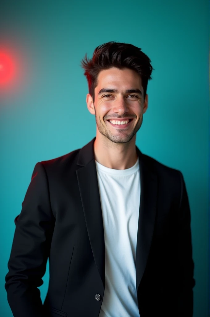 A young man with dark hair and a confident smile. He is dressed in a black blazer over a white shirt. The man is positioned against aqua colour backdrop with a subtle red lighting on the left side, and he posing for Linkedin profile