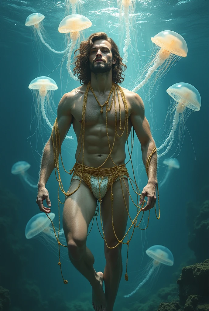  a beautiful man, with medium straight wavy brown hair, with a golden net around his body underwater, and jellyfish