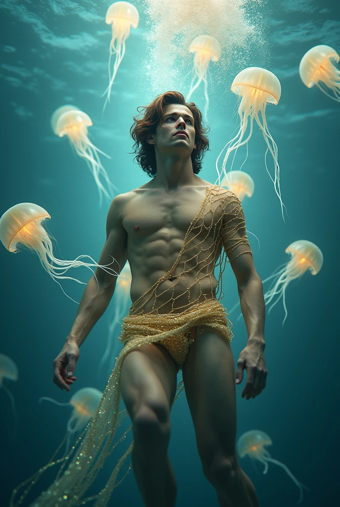  a beautiful man, with medium straight wavy brown hair, with a golden net around his body underwater, and jellyfish