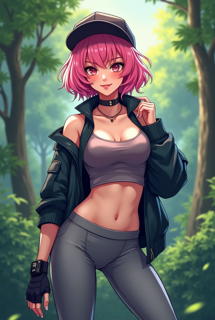 1 girl, (masterpiece), (best quality), standing, (solo), looking at viewer, high detailed,extremely detailed, fine eyes, smile,dynamic pose, short pink hair,cap,crop top, jacket,fingerless glove,curvy,forest,glasses,(gray leggings),(portrait:1.2),