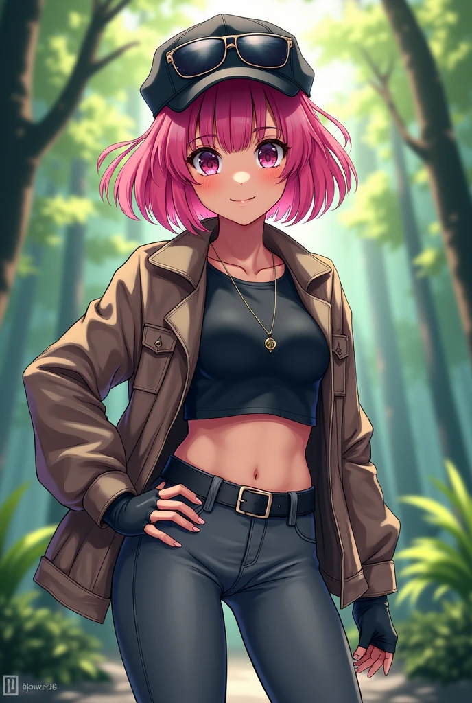 1 girl, (masterpiece), (best quality), standing, (solo), looking at viewer, high detailed,extremely detailed, fine eyes, smile,dynamic pose, short pink hair,cap,crop top, jacket,fingerless glove,curvy,forest,glasses,(gray leggings),(portrait:1.2),