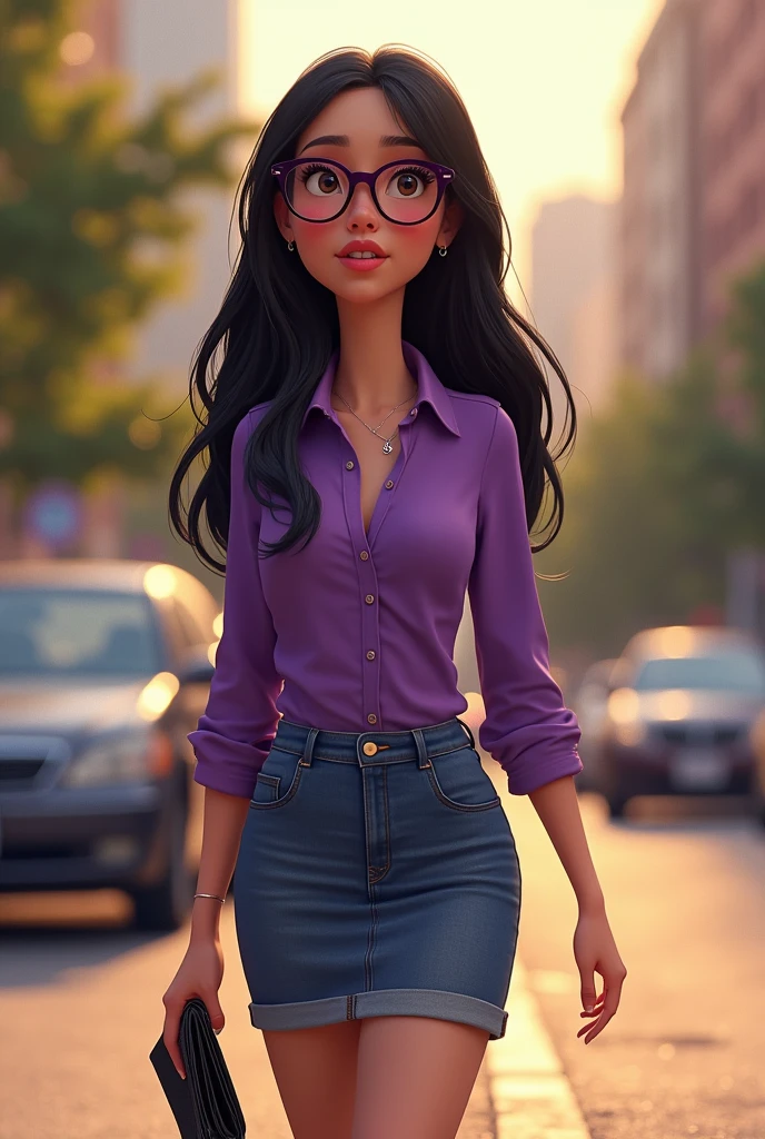 Pixar-type poster that has: A lady with long, straight, black, layered hair, He wears dark purple thin rimmed glasses. She wears a purple sleeved blouse and a knee-length fitted denim skirt., She wears small silver rings, white low converse tennis shoes. In his right hand he holds a small black wallet.. He is walking to church and there are cars on the street.