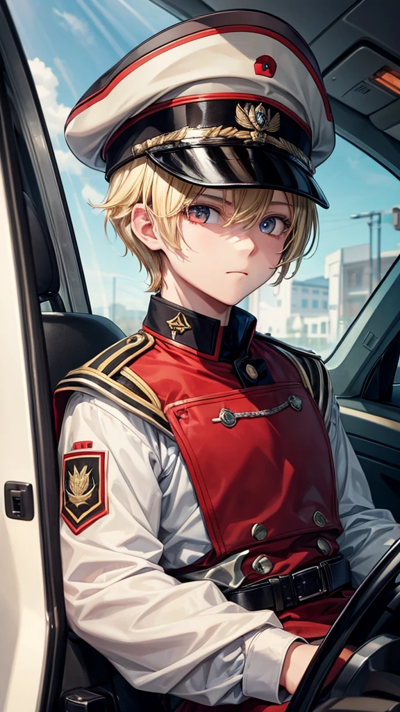 There is a boy with blonde hair and red eyes, wearing a German soldier uniform from World War II, and driving a mobi suit.