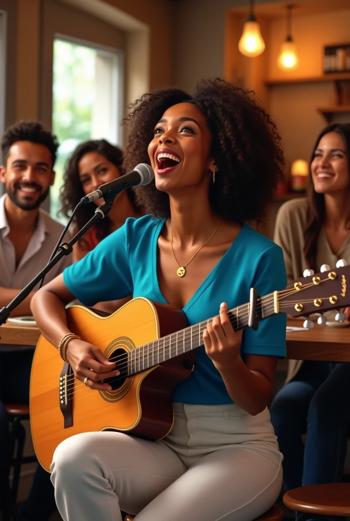 a beautiful women singing a song with guitar in her hands sitting in a cafe with here freinds where she wears blue top white pants and a bracelet which has an s initial in it
