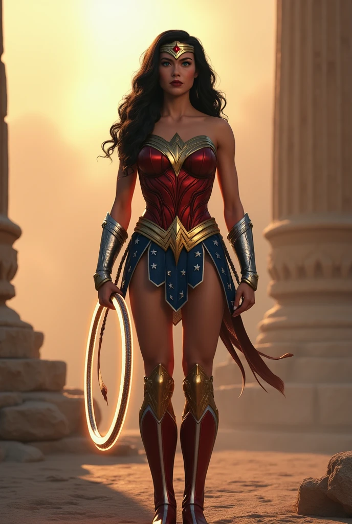 (Wonder Woman, Diana Prince, Amazonian warrior princess:1.5) (long wavy black hair:1.3), blue eyes, detailed eyes, detailed lips, (sensual,heroic, full body:1.5), (majestic locations at dawn with mist and sunlight, ancient ruins:1.3), dawn photo, (photo from many different angles:1.5), golden tiara with red star, indestructible bracelets, Lasso of Truth, red and gold armored outfit, blue skirt with white stars, red boots with white stripe, ray tracing, (best quality, 4k, 8k, highres, masterpiece:1.2), ultra-detailed, (realistic, photorealistic, photo-realistic:1.37), HDR, UHD, masterpiece, professional, vivid colors, bokeh, studio lighting. Wonder Woman is An Amazonian warrior princess with a tall, athletic build. She has a strong, muscular physique with defined muscles, large breasts, and wide hips, embodying both strength and grace.
Hair: Long, wavy black hair that flows down her back, adding to her majestic appearance.
Eyes: Striking blue eyes that convey wisdom and determination.
Lips: Detailed and full, often with a natural or slightly glossy look.
Costume and Accessories:
Golden Tiara: A gold tiara with a red star in the center, symbolizing her royal heritage. It sits elegantly on her forehead.
Indestructible Bracelets: Silver or gold bracelets on her wrists. They are intricately designed with Amazonian symbols.
Lasso of Truth: A glowing golden lasso. In this image, the lasso is coiled and held in her right hand, glowing softly.
Red and Gold Armored Outfit: A red bodice with a gold eagle emblem or a stylized “W” symbol, providing both protection and a regal appearance.
Blue Skirt with White Stars: A short, blue skirt adorned with white stars.
Red Boots with White Stripe: Knee-high red boots with a white stripe down the front, adding to her iconic look.