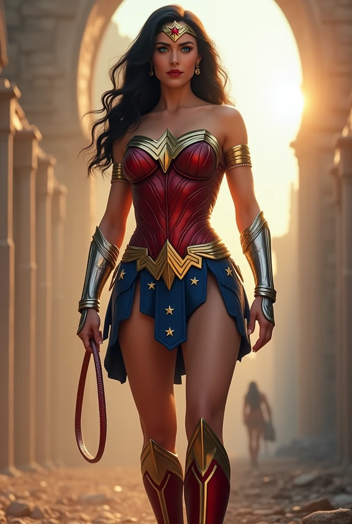 (Wonder Woman, Diana Prince, Amazonian warrior princess:1.5) (long wavy black hair:1.3), blue eyes, detailed eyes, detailed lips, (sensual,heroic, full body:1.5), (majestic locations at dawn with mist and sunlight, ancient ruins:1.3), dawn photo, (photo from many different angles:1.5), golden tiara with red star, indestructible bracelets, Lasso of Truth, red and gold armored outfit, blue skirt with white stars, red boots with white stripe, ray tracing, (best quality, 4k, 8k, highres, masterpiece:1.2), ultra-detailed, (realistic, photorealistic, photo-realistic:1.37), HDR, UHD, masterpiece, professional, vivid colors, bokeh, studio lighting. Wonder Woman is An Amazonian warrior princess with a tall, athletic build. She has a strong, muscular physique with defined muscles, large breasts, and wide hips, embodying both strength and grace.
Hair: Long, wavy black hair that flows down her back, adding to her majestic appearance.
Eyes: Striking blue eyes that convey wisdom and determination.
Lips: Detailed and full, often with a natural or slightly glossy look.
Costume and Accessories:
Golden Tiara: A gold tiara with a red star in the center, symbolizing her royal heritage. It sits elegantly on her forehead.
Indestructible Bracelets: Silver or gold bracelets on her wrists. They are intricately designed with Amazonian symbols.
Lasso of Truth: A glowing golden lasso. In this image, the lasso is coiled and held in her right hand, glowing softly.
Red and Gold Armored Outfit: A red bodice with a gold eagle emblem or a stylized “W” symbol, providing both protection and a regal appearance.
Blue Skirt with White Stars: A short, blue skirt adorned with white stars.
Red Boots with White Stripe: Knee-high red boots with a white stripe down the front, adding to her iconic look.