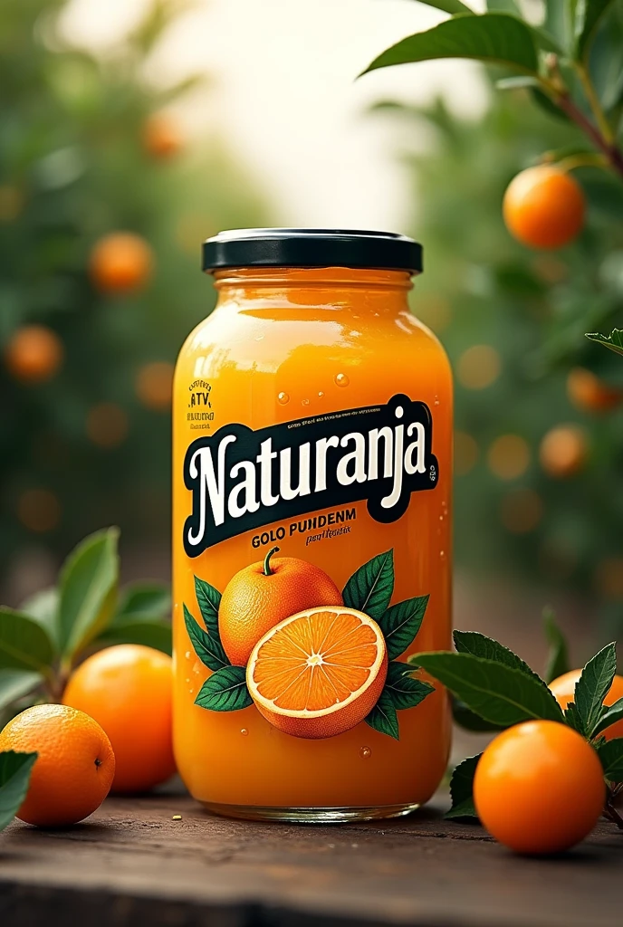 Give me a logo of a juice brand that says only the word “NATURANJA” and highlights the orange and black colors, In addition to the orange orchards and the oranges and just give me the logo