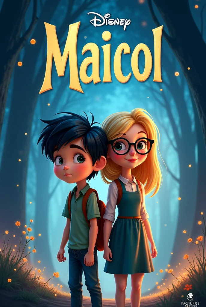Generate an advertising poster for a Disney-type movie where it says the title above the poster "maicol" with a paragraph below the title that says "miss esteffania stalker" And below is a black-haired boy and next to him a blonde teacher with glasses