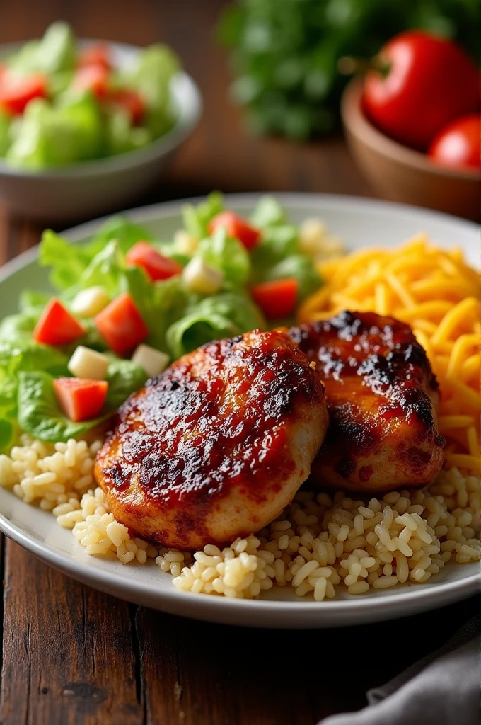 Chicken BBQ image, Chicken thigh with rice and cheese, chopped lettuce salad, chopped tomatoes 