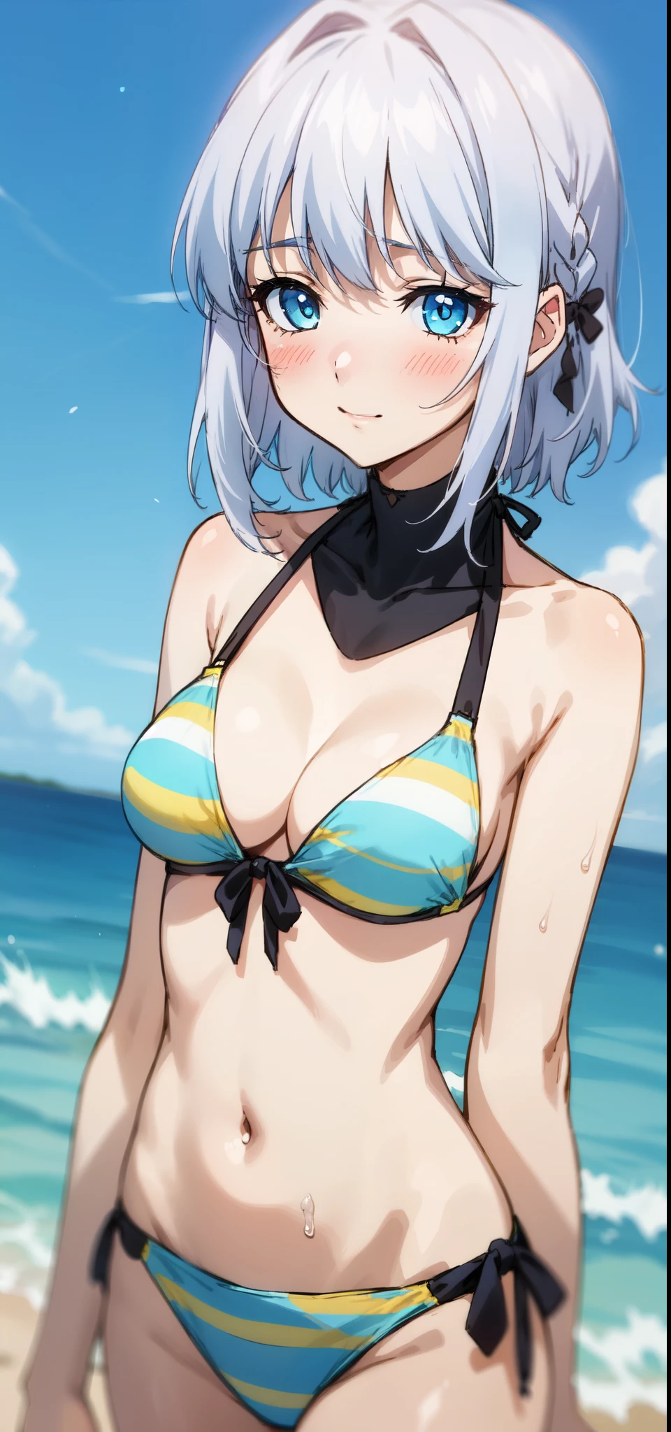 1 girl, kanon kanase,  , blush, medium breasts, sleeveless,(((black bikini,cleavage))), 20-year-old, healthy skin. Dynamic pose, cum,cum on breasts. Beach.