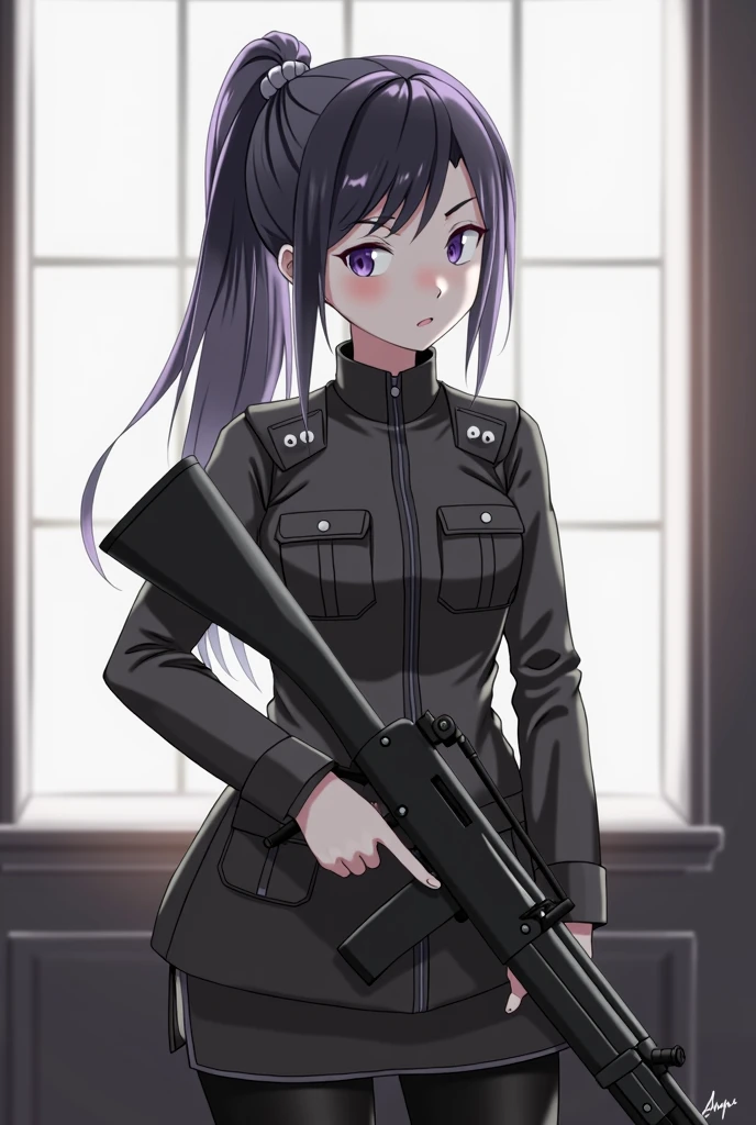 girl in uniform holding a gun and looking out a window, (ponytail forehead hair pulled back:1.3), (black hair:1.3), anime style, from girls frontline, fine details. girls frontline, girls frontline universe, girls frontline style, girls frontline, girls frontline cg, 2 0 2 2 anime style, 2022 anime style, pixiv contest winner, concept art 2022, with rifle, door gunner, 