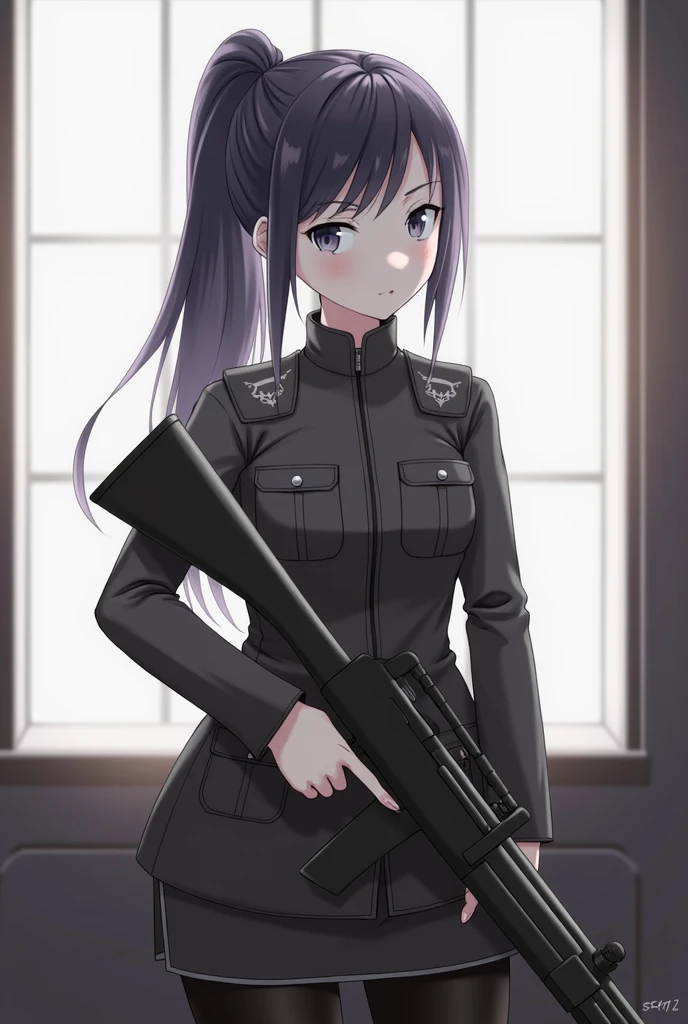 girl in uniform holding a gun and looking out a window, (ponytail forehead hair pulled back:1.3), (black hair:1.3), anime style, from girls frontline, fine details. girls frontline, girls frontline universe, girls frontline style, girls frontline, girls frontline cg, 2 0 2 2 anime style, 2022 anime style, pixiv contest winner, concept art 2022, with rifle, door gunner,