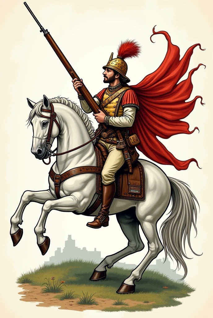 Make me a national coat of arms similar to the coats of arms It is for a fictitious country. In illustration With rifle Like a white horse