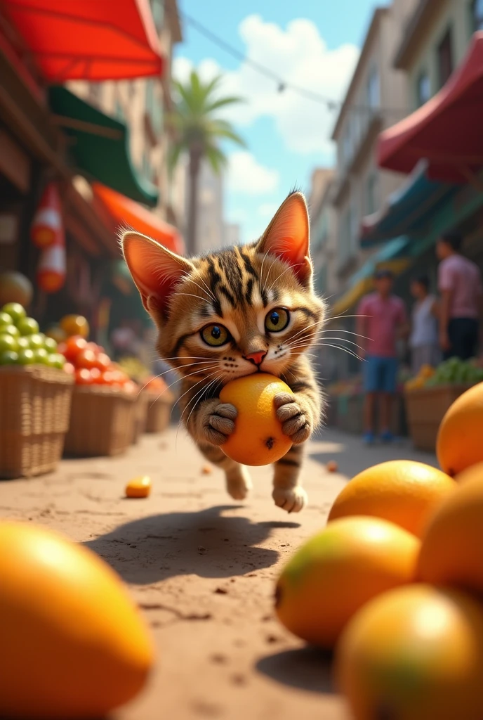 A cat steals mangoes from the market and runs