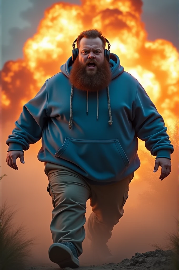 Obese man with brown beard and hair and blue joodie and headphones jumped explode like the nuke