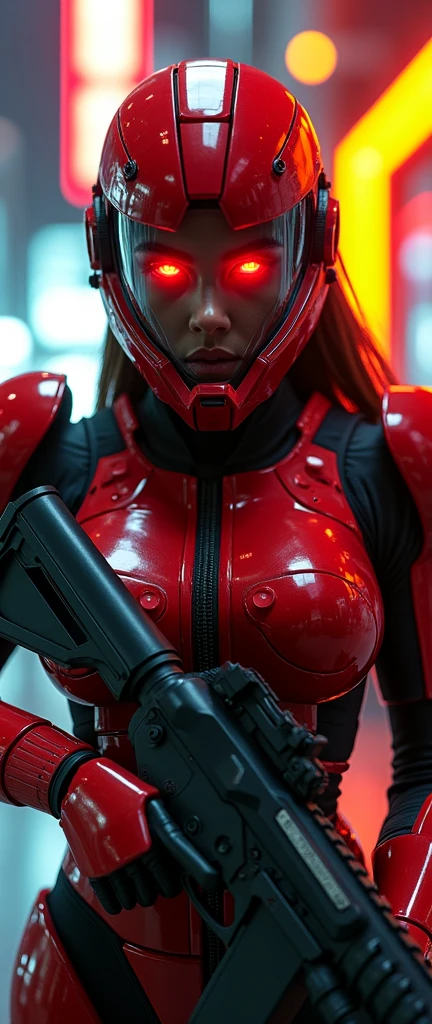 Frontal combat stance of the armored female warrior, her imposing physique and striking red and black armor accentuated by the LED spotlight's bright yellow beam. Her piercing red-orange cyber eyes glow beneath the transparent glass shield, radiating intensity as she grasps her gun firmly with her right hand. The cyberpunk cityscape behind her provides a dramatic contrast to her bold attire, with neon lights reflecting off her armor.