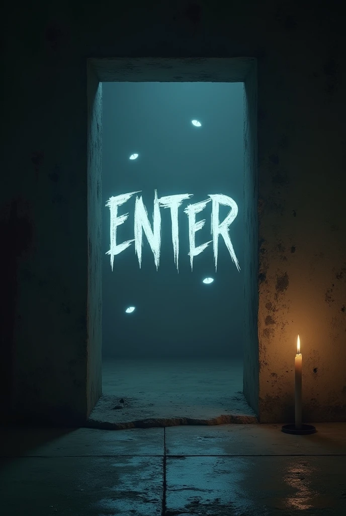 dutch angle, square hole to the basement, "ENTER" painted in white spray paint, some glowing eyes can be seen in the hole, dimly lit room with one candle, 2.5D, delicate and dynamic effects, foggy filter effects, artistic, hyper, graphic CG digital dark horror art