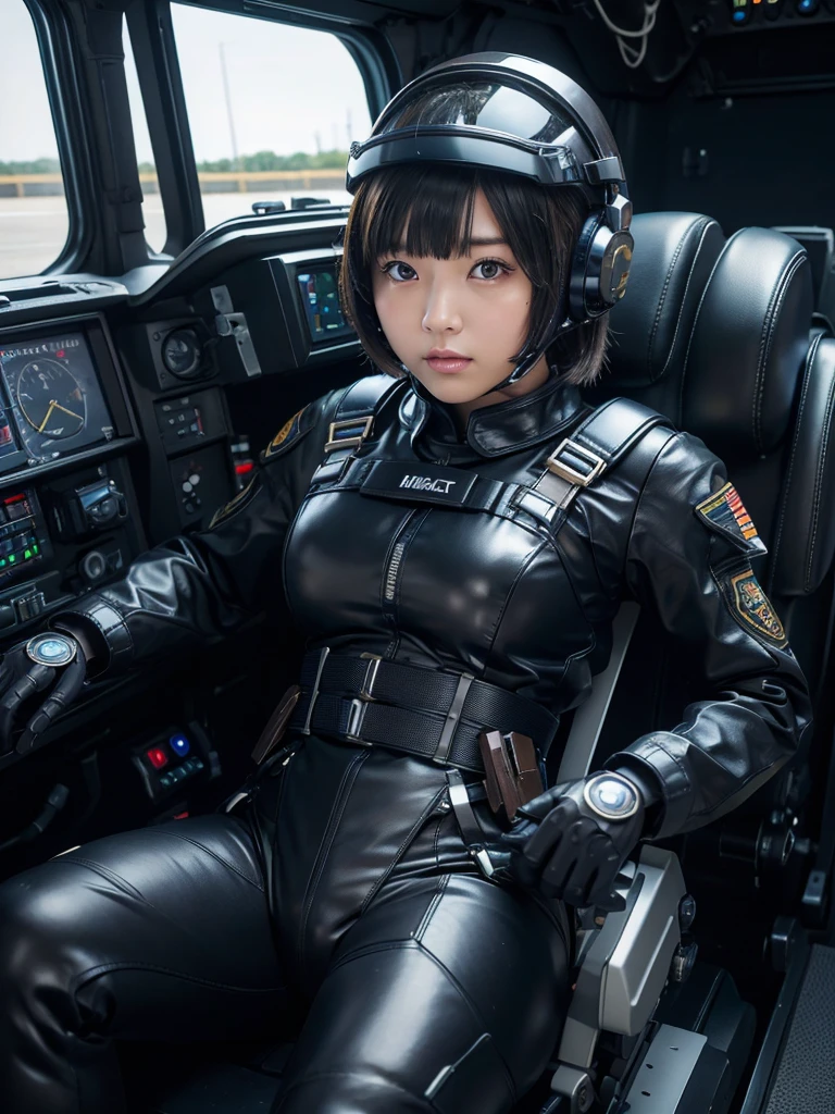 masterpiece, Highest quality, Very detailed, Japanese Android girl,Plump,Slightly thicker,Control panel,Android,cyborg,Blunt bangs,Sitting in the cockpit,Black combat uniform,Harness Belt,Helmet