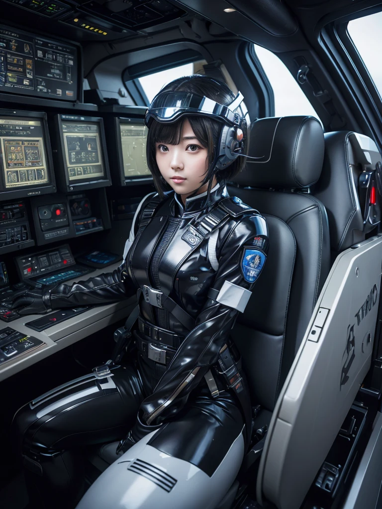 masterpiece, Highest quality, Very detailed, Japanese Android girl,Plump,Slightly thicker,Control panel,Android,cyborg,Blunt bangs,Sitting in the cockpit,Black combat uniform,Harness Belt,Helmet