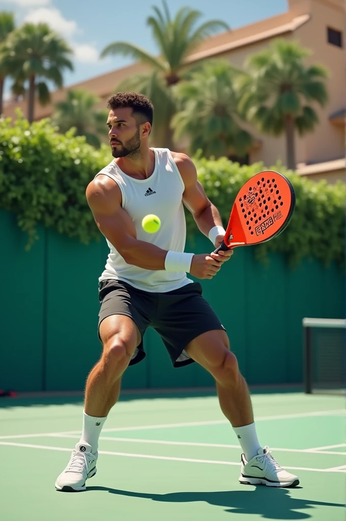 A bold man playing padel
