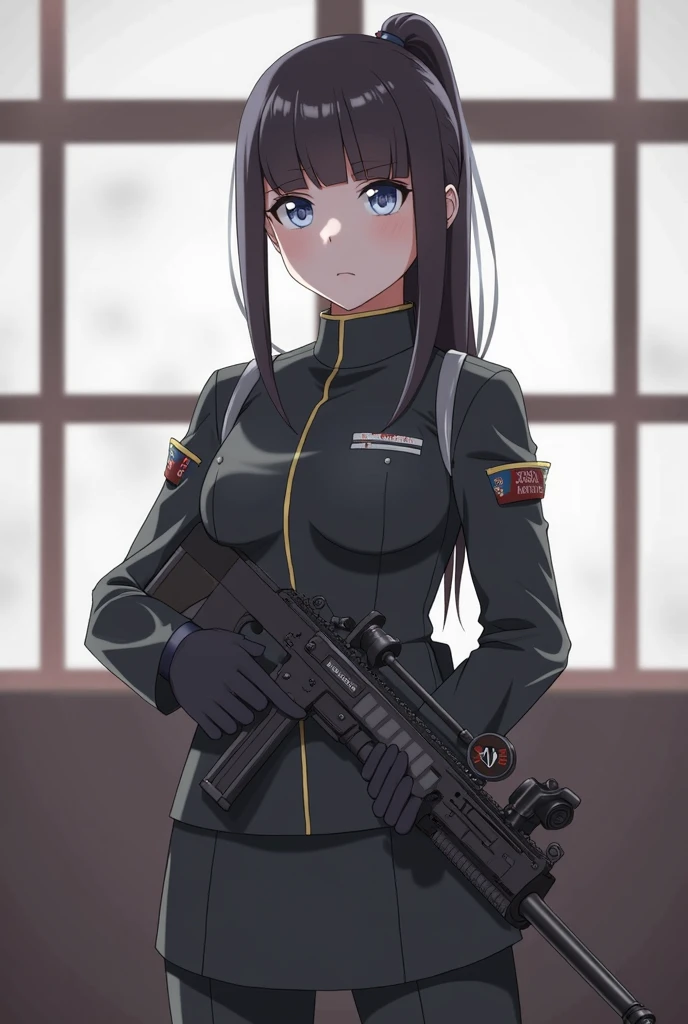 1girl, folded_ponytail, gloves, gun, military, military_uniform, leotard, rifle, sky, solo, upper_body, weapon
looking at viewer, masterpiece, best quality,