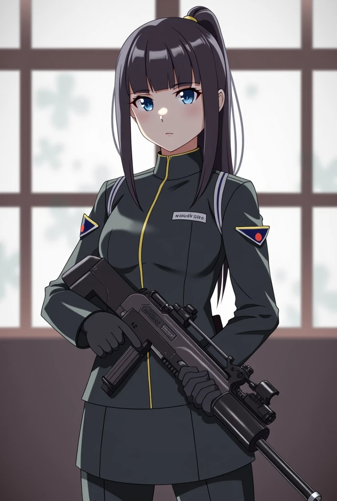 girl in uniform holding a gun and looking out a window, (ponytail forehead hair pulled back:1.3), (black hair:1.3), anime style, from girls frontline, fine details. girls frontline, girls frontline universe, girls frontline style, girls frontline, girls frontline cg, 2 0 2 2 anime style, 2022 anime style, pixiv contest winner, concept art 2022, with rifle, door gunner,