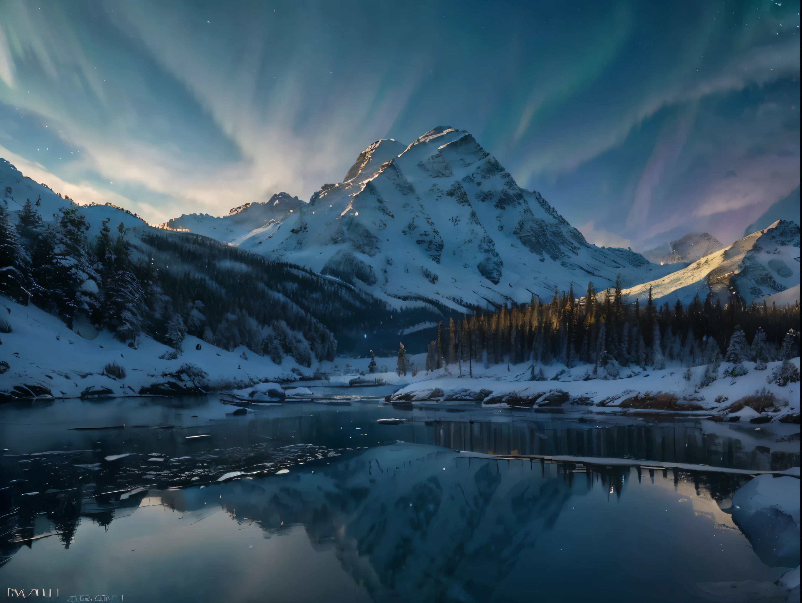 a stunning fantasy landscape, rolling snowy hills, towering snow-capped mountains, a frozen lake reflecting the aurora borealis, tall pine trees, detailed ice crystals, magical northern lights, serene atmosphere, cinematic lighting, vibrant colors, photorealistic, (best quality,8k,UHD,ultra-detailed,(realistic,photorealistic,photo-realistic:1.37),masterpiece:1.2),concept art