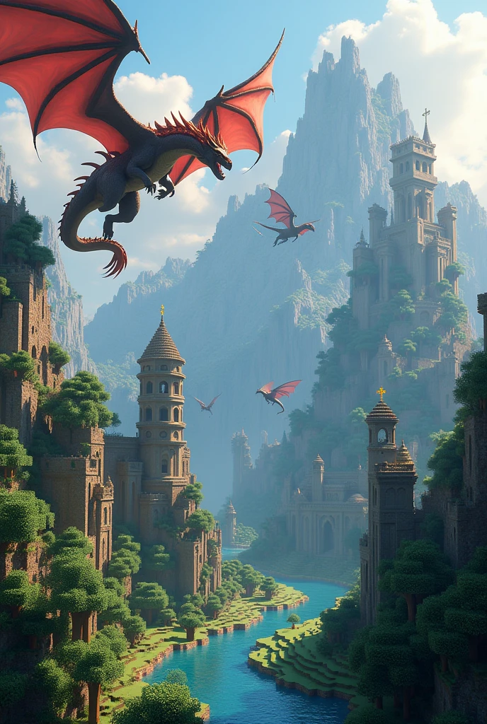 Minecraft world with dragons