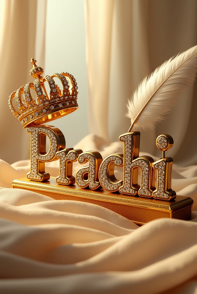 "Prachi" written with capital letter P written in large, ornate gold letters encrusted with diamonds. Above the text, there is a gold crown adorned with pearls, adding to the luxurious feel of the design. To the right of the crown, a large feather, likely a quill, extends elegantly, further enhancing the regal theme. The background is a soft gradient, creating a warm and glowing effect that highlights the gold and diamond details.with small colorful peacock at side of name The overall aesthetic is one of luxury, royalty, and sophistication.