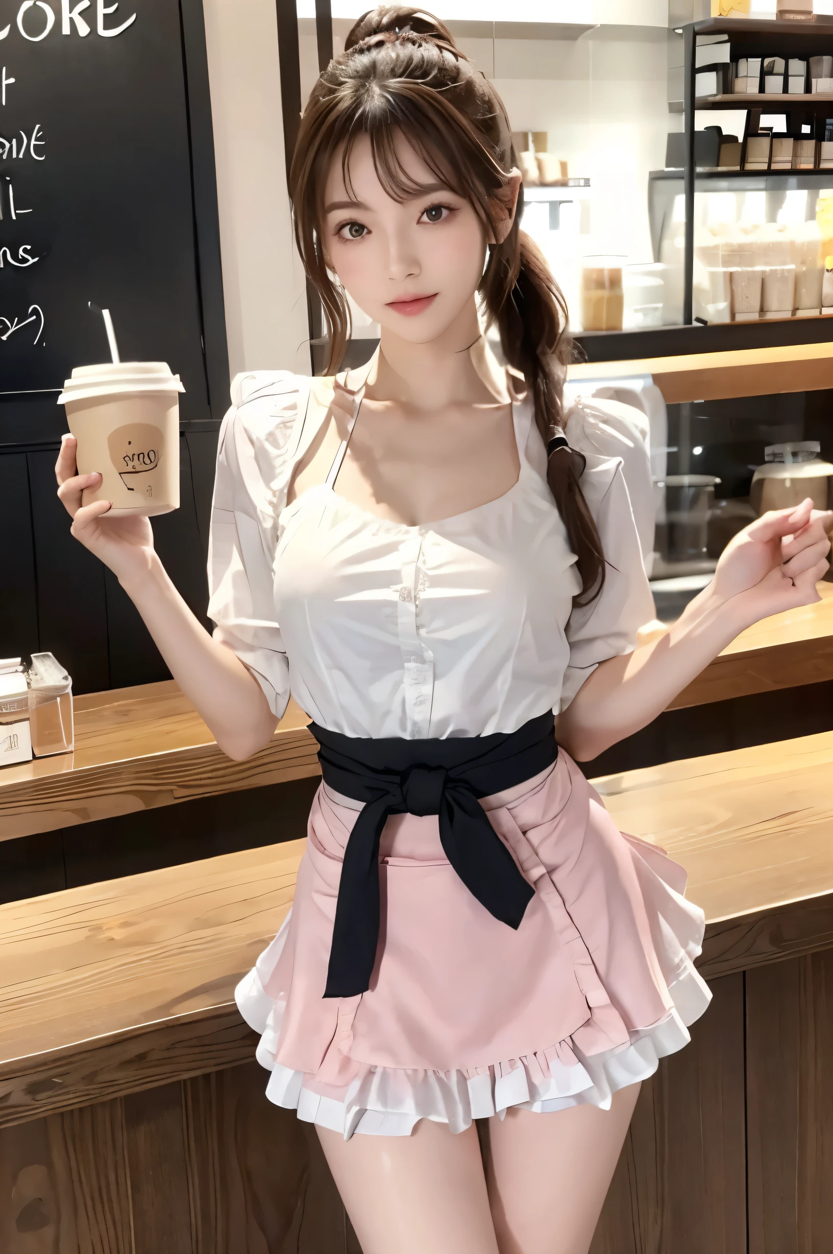(Ultra HD), (Looking at me), (The whole body is shown), (Pink waitress:1.2, Apron with white frills), Super beautiful breasts, Big Breasts, slender, Narrow waist, (Thin legs:1.2), (Thin thighs:1.2), (Thin Hips:1.4), (Beautiful Skin, Shiny skin, White skin), (Super slim face, Super beautiful face, No makeup, Smile:0.6), (light brown, ponytail, Layered Cut, Fluffy hair), (double eyelid, Slanted Eyes), Small Nose, Thin lips, Are standing, Coffee shop