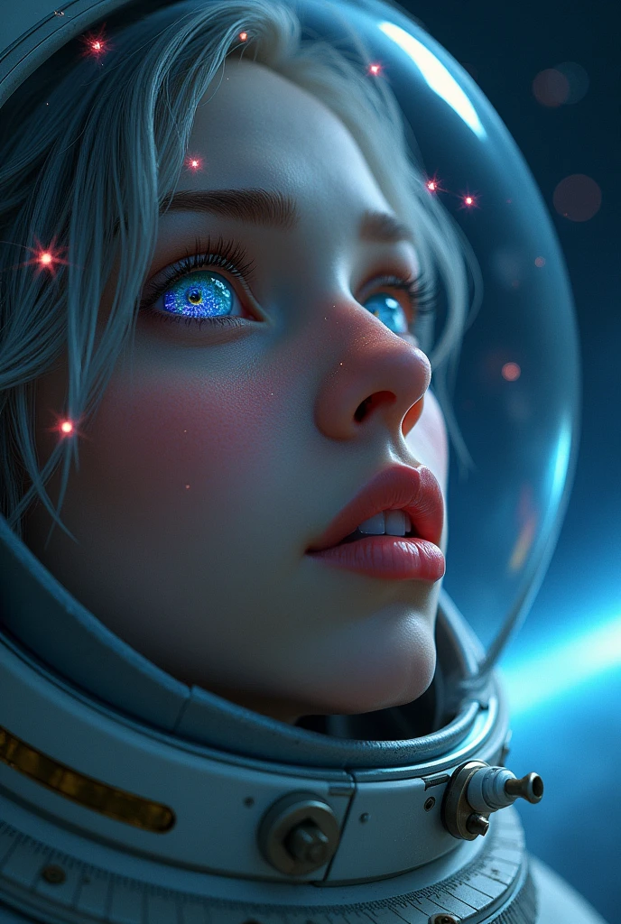(Close-up of a better masterpiece:1.5)0.9], (Space and astronauts:1.2) (Messy silver hair:1.1) (Heterochromia xanthochromia and blue eyes:1.2) (Space Helmet:1.0) (Colored stars in the eyes:1.0) (A radiant glow:1.1) (thick lips:0.9)