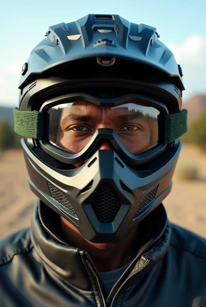 A selfie of a dark-skinned man wearing a black motocross helmet with dark green accents, polarized motocross glasses . The helmet, The glasses completely cover his face and nose.. The scene takes place outdoors, under natural daylight, with an open landscape in the background showing distant trees and hills, leather jacket