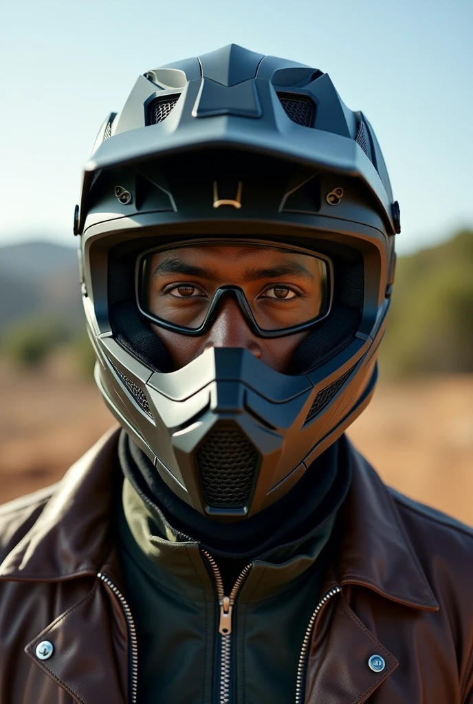 A selfie of a dark-skinned man wearing a black motocross helmet with dark green accents, polarized motocross glasses . The helmet, The glasses completely cover his face and nose.. The scene takes place outdoors, under natural daylight, with an open landscape in the background showing distant trees and hills, leather jacket