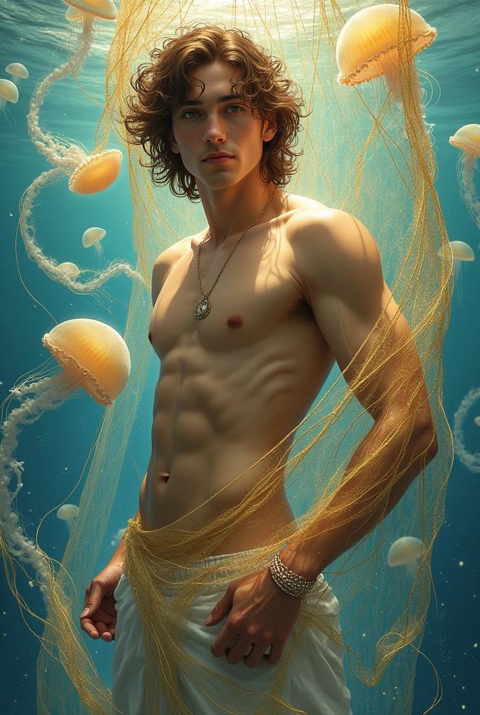 HQ drawing of a beautiful man, with medium straight wavy brown hair, with a golden net around his body underwater, and jellyfish
