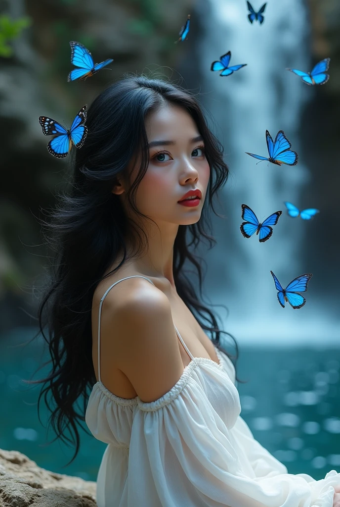 (masterpiece:1.2,Distinguished Quality,Mirror-like,Cinematic Experienc),8k,(A face with attention to detail,detailed skin texture,beautiFul skin), A woman with jet black hair, long and wavy, beautiful face, defined jaw. Long eyelashes and intense blue eyes, like two beautiful shining jewels, Red lips, She looks at the blue butterflies that are around her. She looks at them with a curious expression and a small smile., She is sitting on a rock next to a waterfall, with a white dress.
