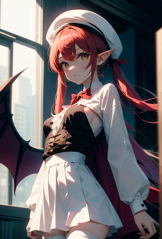 masteRpiece, best qualityer, 1giRl, standing alone, yellow eyes, Red haiR, small bReast, demon giRl, demon tail, demon wings, small demon hoRns, pointy eaRs, (small bReast), (Flat Breast), twintails, bat hair ornament, cape, white shiRt, white legweaR, plush toy, plush toy, beRet, mitts, bangss, ha