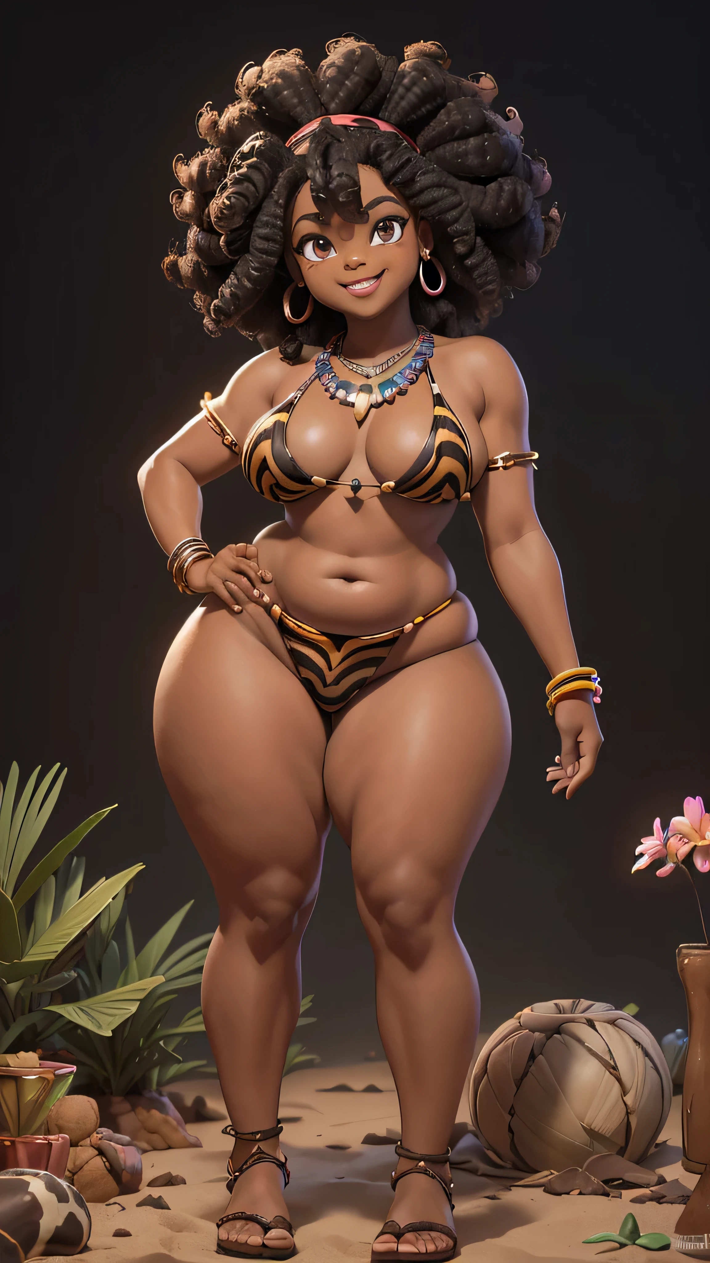 (((Jackie Parris))), (((Simon Bisley))), (((Frank Frazetta))), ((((absurdists))), (((best quality))), (((masterpiece))), (((thicc))), (((afro hair))), small, chubby, wide hipped, African girl, flat chest, Zulu warrior of the middle ages, white war paintings on body, perfect and proportional body, black and pink zebra print, big black afro hair, black-skinned savanna warrior wearing very few clothes and many necklaces and body adornments, tiny bikini made of African beads and gemstones, sandals, smiling,, rainbow crystal cave, bioluminescent, glowing