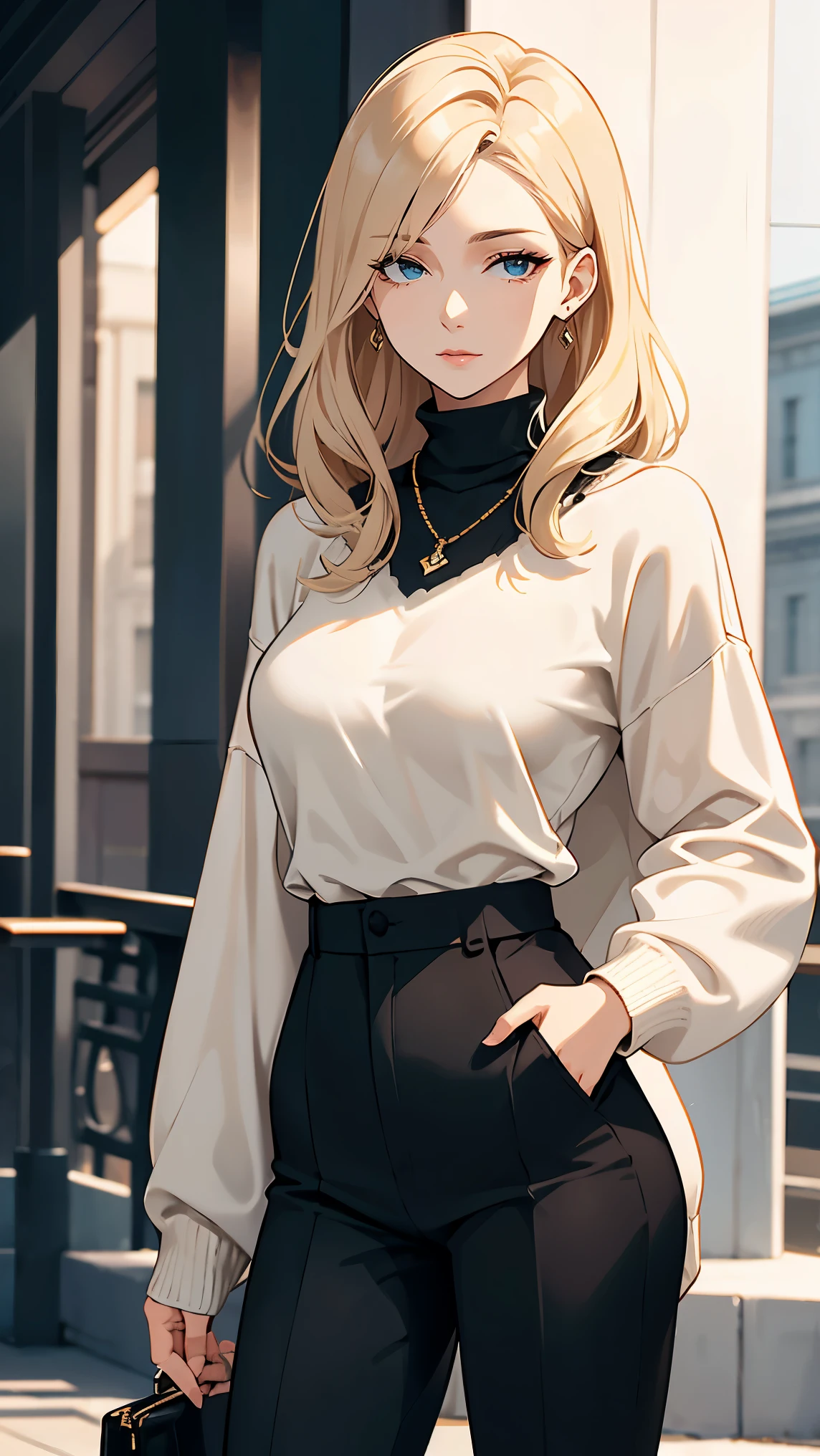 Her blonde, beachy waves frame her face as she steps out in a chic, minimalist outfit. She's wearing a fitted, high-necked black sweater that hugs her slender frame, with the soft fabric contrasting against the tousled texture of her hair. The sweater's long sleeves extend to her wrists, giving her a sleek and streamlined look. 

She pairs the sweater with a pair of tailored, charcoal gray trousers that sit comfortably on her hips, the clean lines elongating her legs. The trousers are slightly cropped, revealing a glimpse of her ankles and a pair of pointed black ankle boots that add a touch of edge to her ensemble.

Around her neck, she wears a delicate gold chain necklace, the subtle gleam of the metal catching the light just above the neckline of her sweater. The necklace’s pendant, a small, intricately designed charm, rests lightly against her chest, adding a hint of personal style to her otherwise understated look.

Her muted green eyes stand out even more against the darker tones of her outfit, and her pink lips add a soft contrast, bringing warmth to her overall appearance. The combination of the simple yet sophisticated outfit with her natural, beachy hair gives her a look that is both effortless and polished, perfect for a day out in the city or a casual evening gathering.