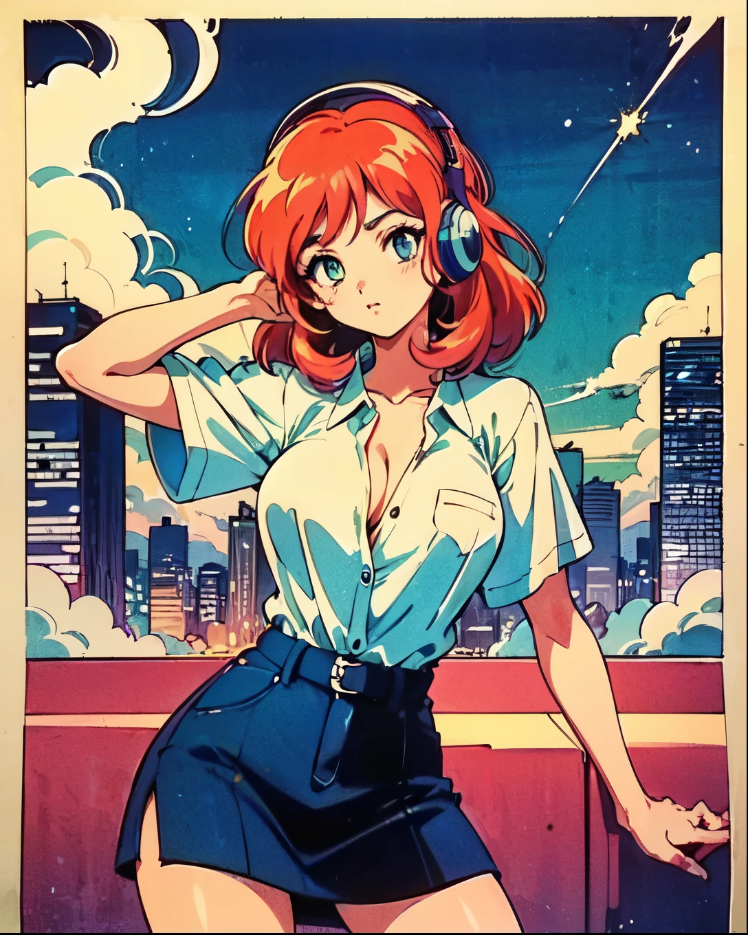 (80's, Retro, City Pop Poster:1.5), (Album cover), (masterpiece, Highest quality), (anime, figure),
Best Photo Poses, Dynamic Angle, Cowboy Shot,
girl, alone, 80 anime style, 1 Russian , bionde , shoulder-high hair, bangs, Smoke a cigarette, Wearing a button-down shirt and skirt, Warzone, Green Eyes, Large Breasts, Wide Hips, A perfect eye for detail, Delicate face, blue eyes, Blonde, Headphones,