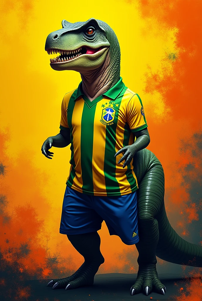 dinosaur with the Brazil shirt with the orange and black background