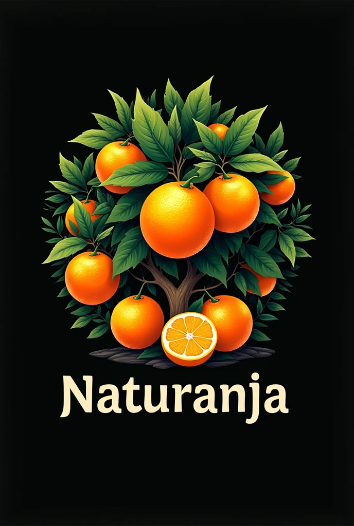 Give me a logo of a juice brand that says only the word “NATURANJA” and highlights the orange and black colors, In addition to the orange orchards and the oranges and just give me the brand logo 
