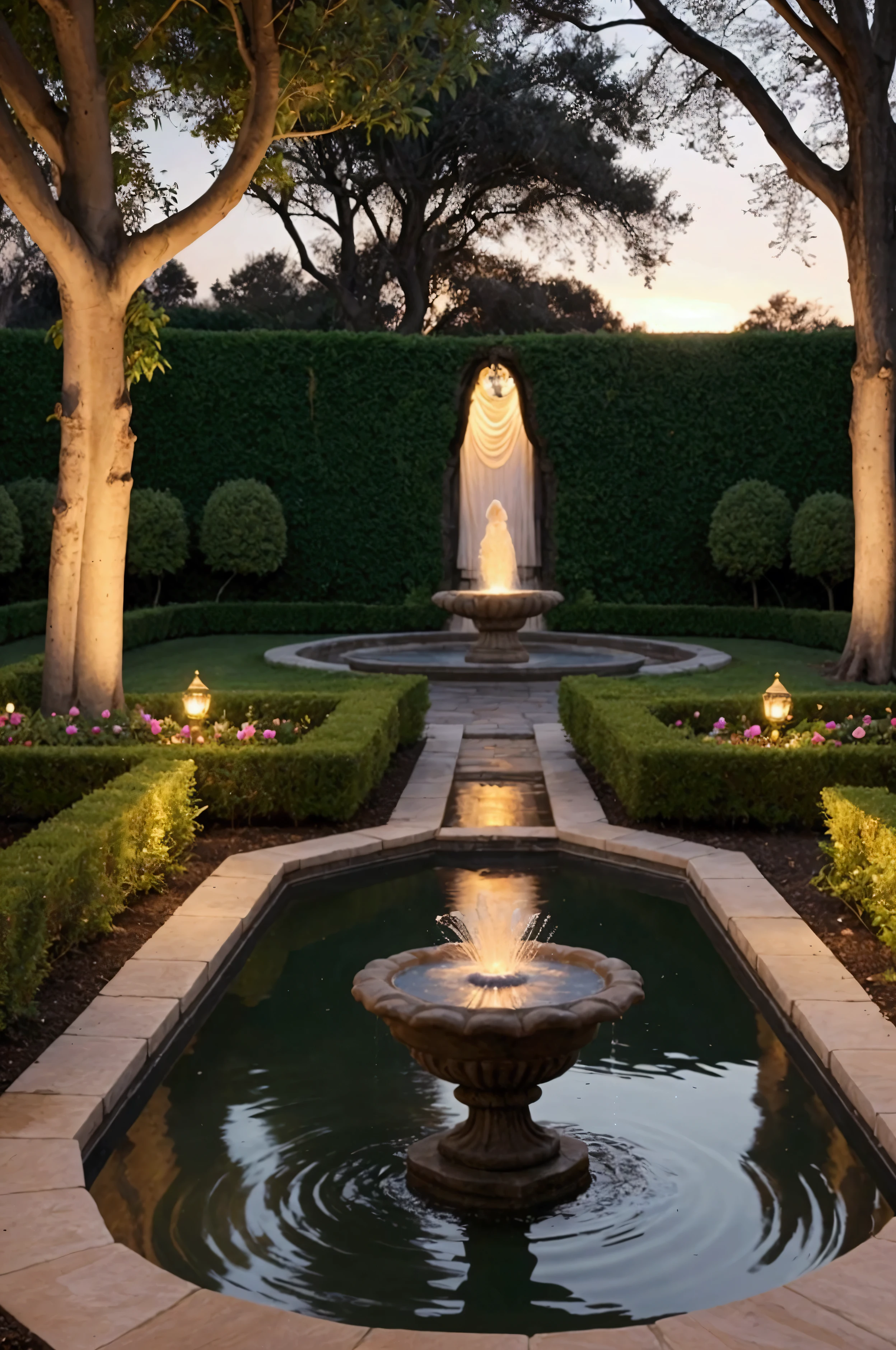 Scenario: The castle garden at dusk, with a soft golden light that reflects the twilight. The setting sun creates a warm, welcoming glow over the room..
enviroment: The garden is lush, with flower-filled paths that wind between colorful flower beds and well-kept shrubs. An ornate fountain is situated in a central location, with crystal clear water flowing gently and casting a subtle glow on the surrounding stones.
clear: clear está de pé em um dos caminhos floridos, Near the source. She wears a simple and elegant dress, adorned with fresh flowers, that complements the natural beauty of the garden. Her hair is tied up solemnly, with some loose strands framing her face. She has a radiant look of joy and curiosity, with a light and inviting smile.
Light and Atmosphere: A luz dourada do crepúsculo ilumina clear e o jardim, creating a soft and magical effect. The atmosphere is peaceful and romantic, refletindo a serenidade do momento e a conexão especial entre clear e Alexandre.
Additional Detail: The flowers around are vibrantly colored and range in shades of pink, purple and yellow. The font has an elegant design, perhaps with carved stone details. The fountain light adds a soft glow to the scene, accentuating the beauty of the scene.