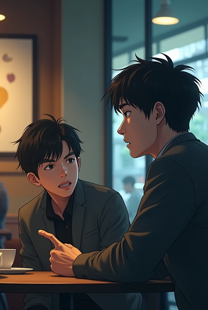 The first Japanese man, now sitting with a friend at a café during the day. The friend, also a modern Japanese man in his 20s, has a concerned look and is pointing over the main character’s shoulder. The protagonist looks confused, unaware of what his friend is pointing at. The atmosphere is tense, with a hint of dread.
