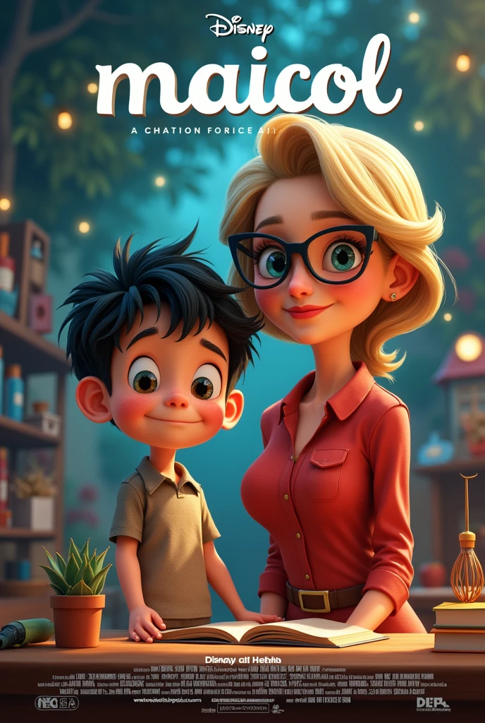 Generate an advertising poster for a Disney-type movie where it says the title above the poster "maicol" with a paragraph below the title that says "miss esteffania stalker" And below is a black-haired boy and next to him a 2 blonde teacher with glasses