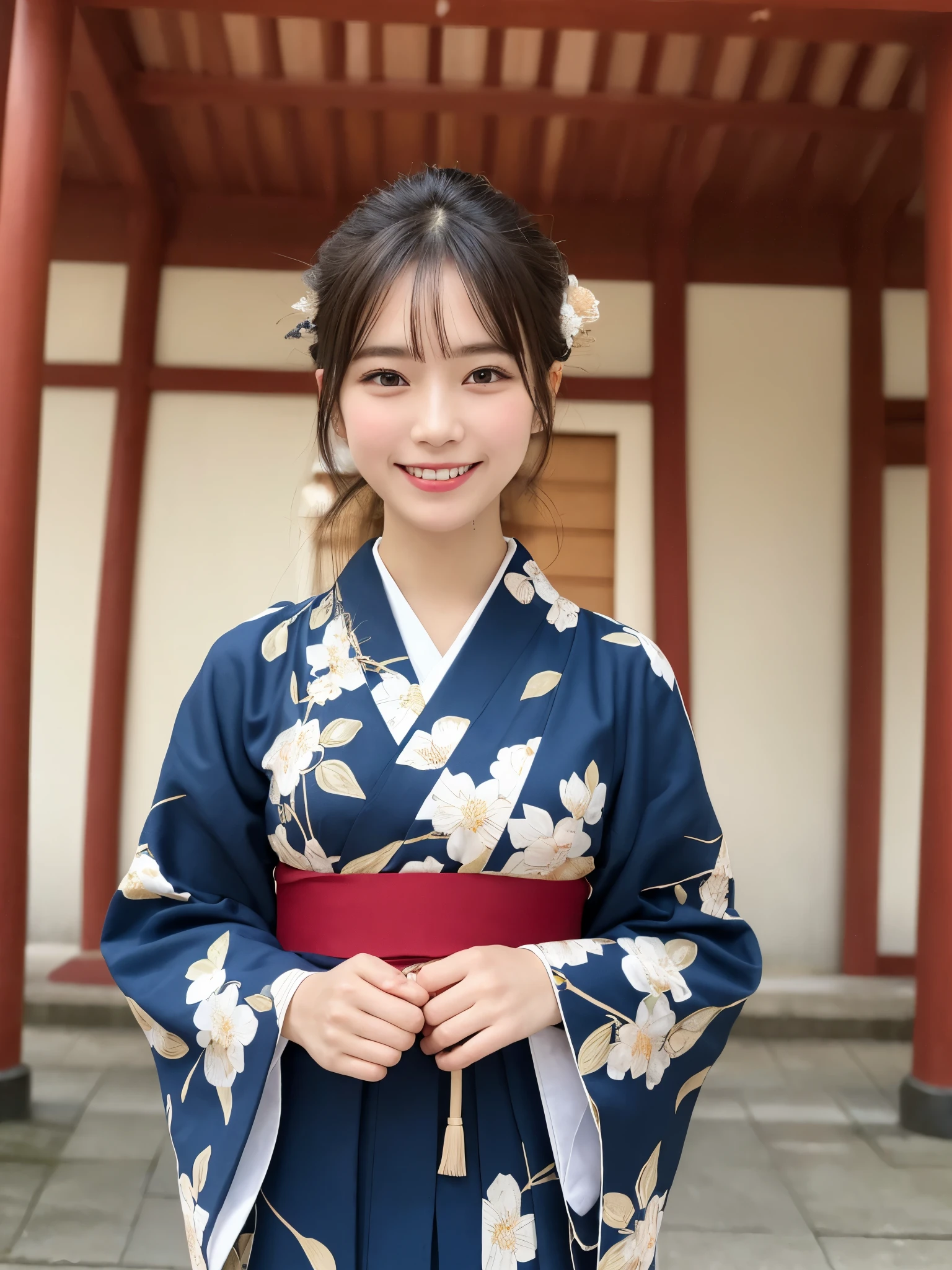 1girl, solo, highres, best_quality, masterpiece, detailed_background, intricate_details, beautiful, fukuoka, sumiyoshi_shrine, historical, traditional_clothes, kimono, smile, looking_at_viewer, dynamic_pose, natural_pose, candid, happy