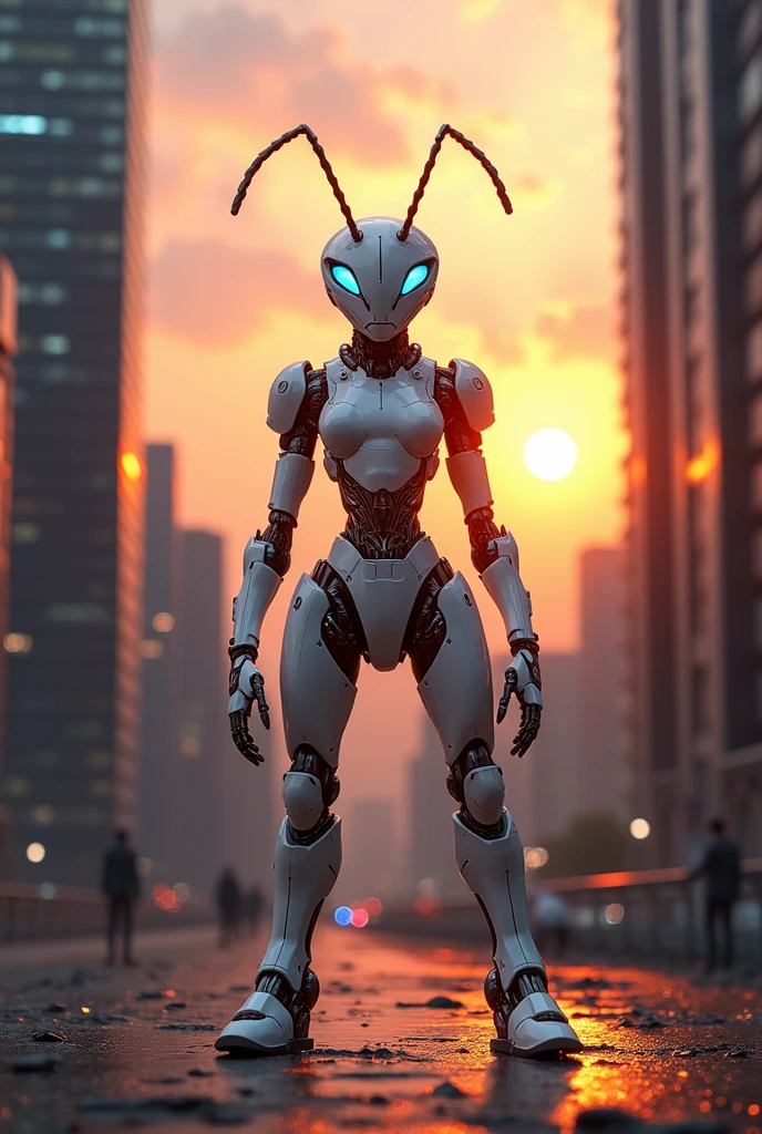 Fire ant in white glossy cybrog costume standing between sky scrapers at sunset