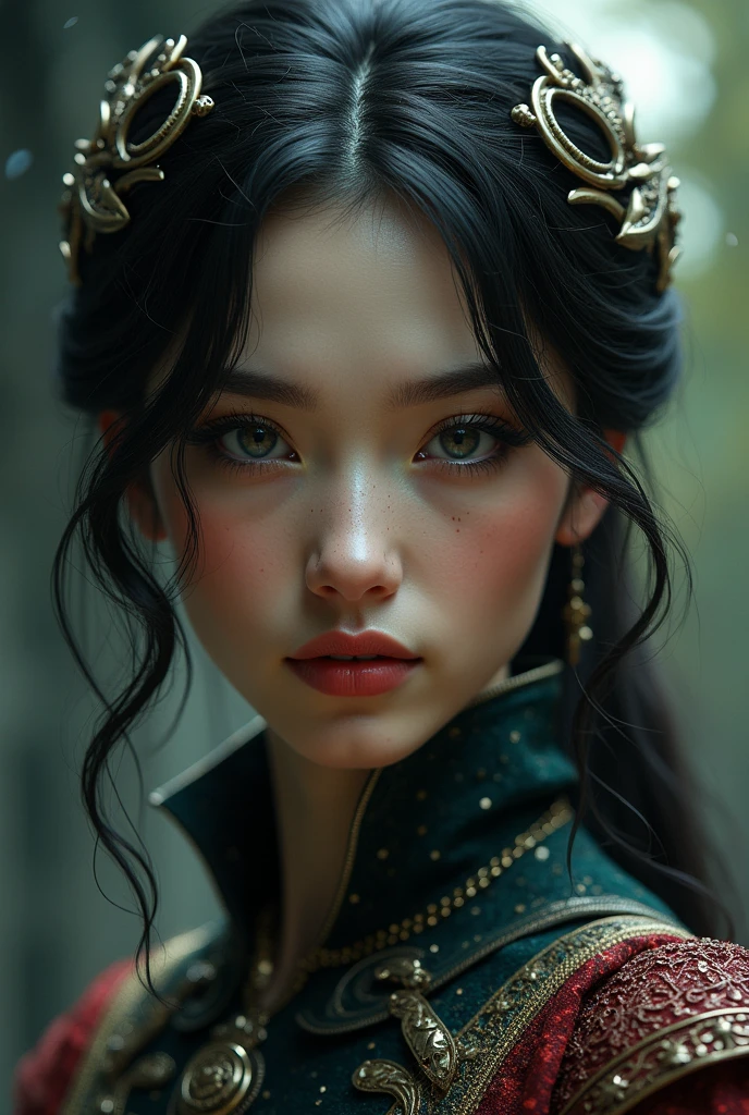 a highly detailed and intricate character portrait, hyper-realistic, stunning facial details, piercing eyes, sharp nose, full lush lips, delicate facial features, smooth skin, beautiful flowing hair, intricate clothing, detailed armor, ornate jewelry, dramatic lighting, cinematic composition, fantasy medieval setting, dramatic moody colors, oil painting, digital art, concept art, masterpiece, best quality, 8k, highly detailed, cinematic lighting, photorealistic, hyper-detailed, precise rendering, sharp focus, vibrant colors, dramatic atmosphere, epic fantasy