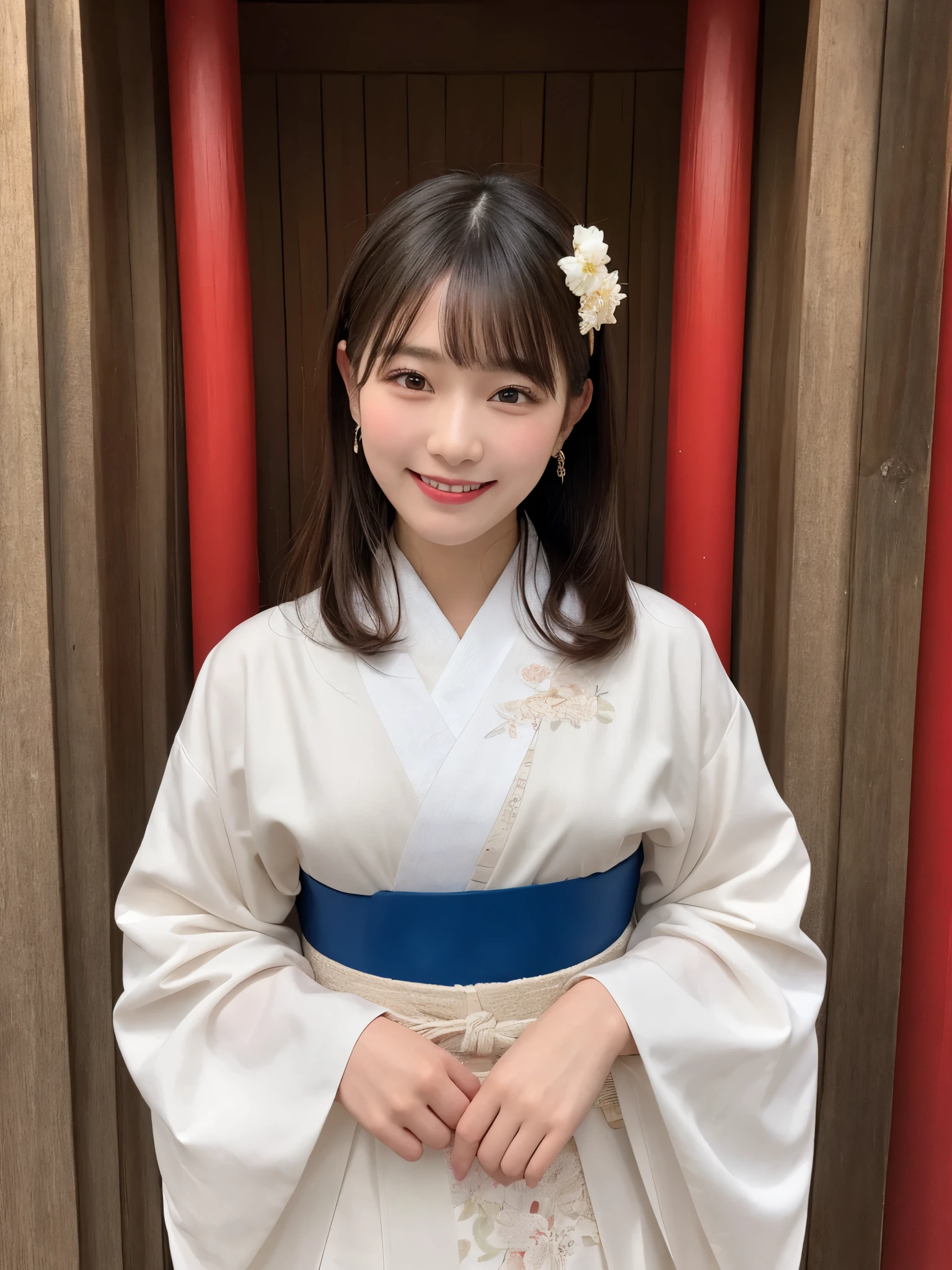 1girl, solo, highres, best_quality, masterpiece, detailed_background, intricate_details, beautiful, fukuoka, sumiyoshi_shrine, historical, traditional_clothes, kimono, smile, looking_at_viewer, dynamic_pose, natural_pose, candid, happy