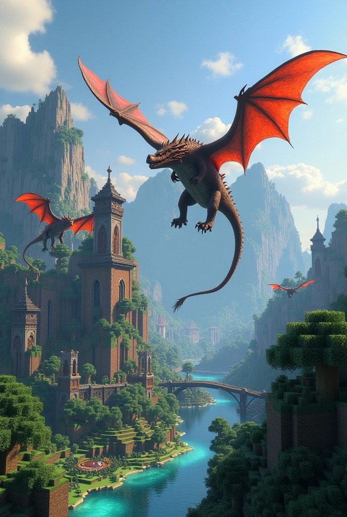 Minecraft world with dragons